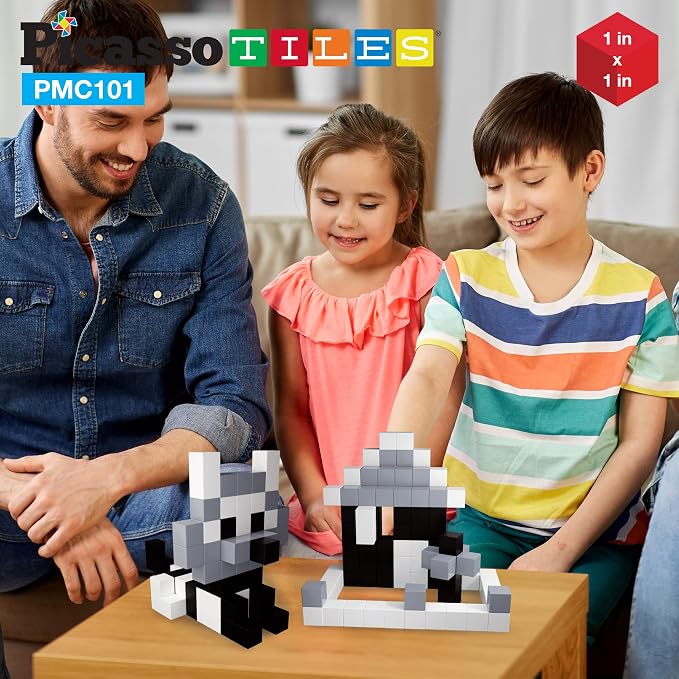 PicassoTiles 101pc Magnetic Puzzle Cube Set Black and White 1 Inch Construction Blocks STEM Educational Toy for Kids Age 3 Plus Sensory Learning Kit with Idea Book for Building and Creativity PMC101
