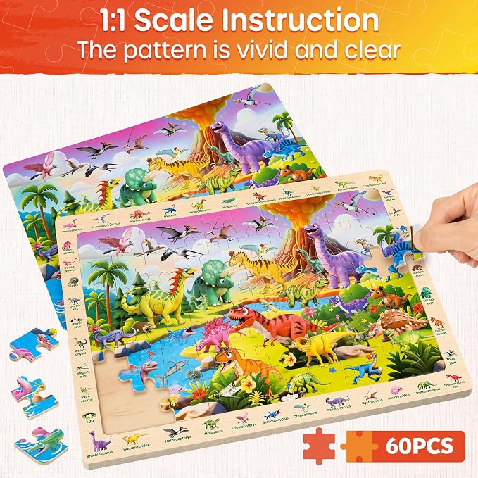 SYNARRY Wooden Dinosaur Farm Ocean Animal Puzzles for Kids Ages 4-6, 4 x 60 Piece Match & Find Puzzles for Kids Ages 3-5 Boys Girls, Preschool Educational Puzzle Toddlers Easter Gifts for 4-8 Year Old