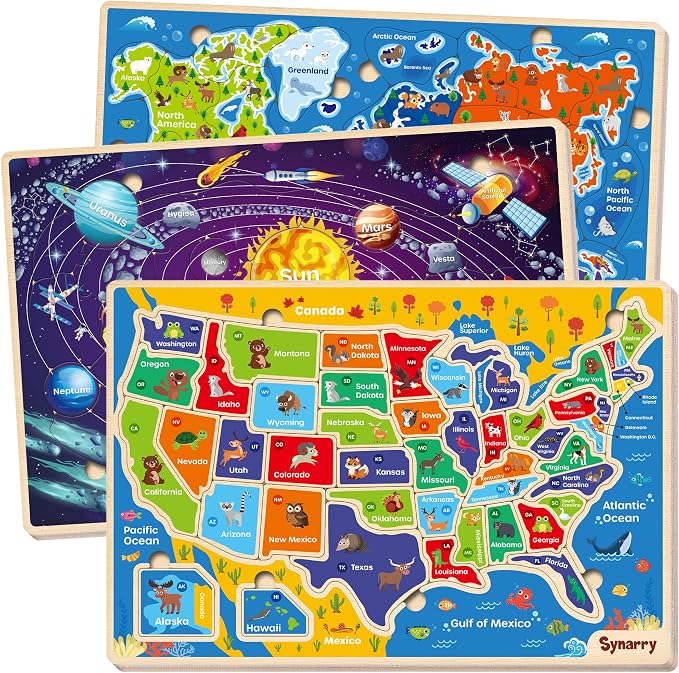 SYNARRY Large USA World Solar System Wooden Puzzles for Kids Ages 4-6, Wood Jigsaw Puzzles Educational Games Toys Gifts for Toddlers, Learning United States World Space Maps for Boys Girls Ages 3-8
