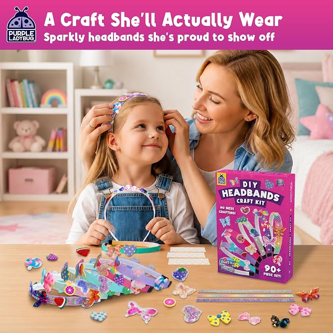 Glamour Headband Making Kit for Girls Ages 5+, Mess-Free Playdate Activity | DIY Craft Kit with 6 Satin Headbands for Girls, Easy to Make, Screen-Free Activity, Birthday Gifts for 5 Years Old Girls