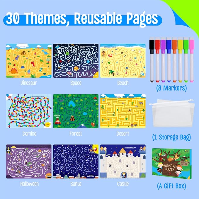 SpriteGru Dry Erase Mazes Game Pad, 30 Mazes Reusable & Erasable Book, Fun Brain Challenge Games Interesting Educational Toy and Learning Tool for Road Trip Airplane Travel