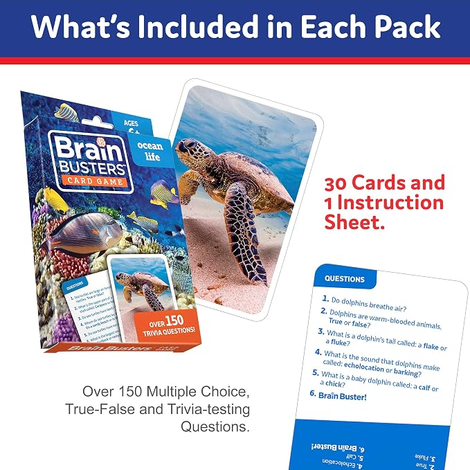 Brain Busters Card Game for Kids, Family Trivia Game Bundle with 120 Flash Cards - Learn and Play with Multiple Choice Trivia Cards About Human Body, Ocean Life, Dinosaurs and Space (Ages 6+)