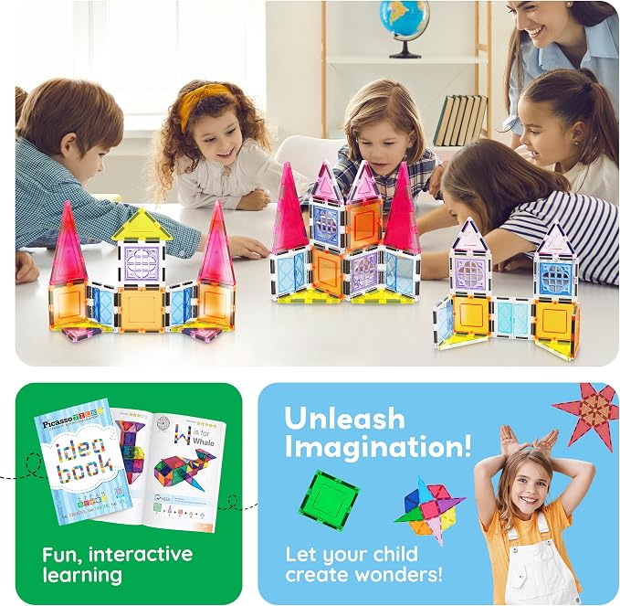 PicassoTiles Magnetic Tiles Magnet Toys Building Blocks Construction Set with 110+ Pages IdeaBook STEM Learning Playset Toddlers Educational Fun Play Kids Boys Girls Sensory Toys Ages 3+ PT03