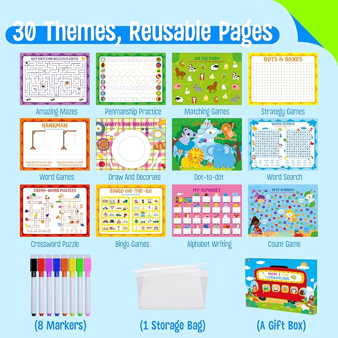 30 Dry Erase Activities Pad, Reusable & Erasable Game Pad, Explore and Find, Maze Matching TIC-TAC-TOE Dot to Dot Words Interesting Educational Toy and Learning Tool for Road Trip Airplane Travel