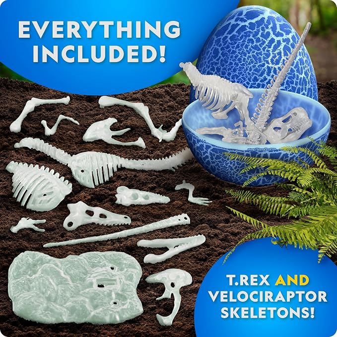 National Geographic Glow-in-the-Dark Dinosaur Skeleton Model Building Kit | Build T. Rex and Velociraptor Skeletons, Glow-in-the-Dark Bones, Dinosaur Toy Egg Activity, Fossil Learning, Birthday Gift