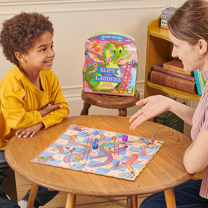 eeBoo Slips & Ladders Dragon Edition - Award Winning Classic Race Game with Holographic Foil, Screen-Free Fun for 2-4 Players, Kids Ages 5 and up