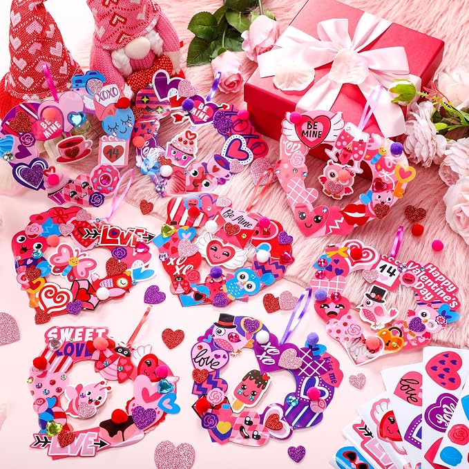 Hollowfly 48-Set Valentine's Day Wreath Craft Kit, 8 Paper Designs | Heart, Bird and Envelope Stickers, 5.91 in Make-and-Hang Wreaths, DIY Crafts for Home and Valentine Party Activities