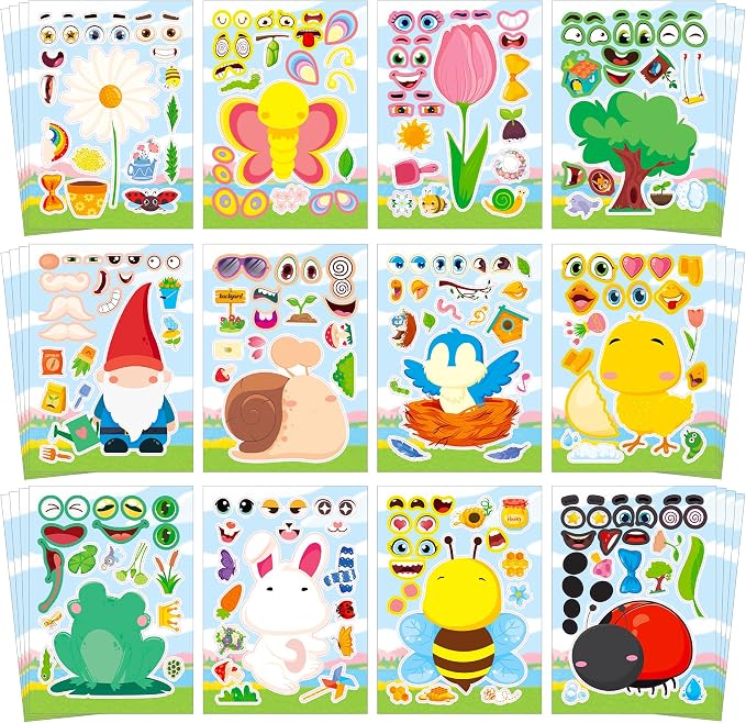 Aowplc Spring Make-a-Face Stickers for Kids 48 Sheets Mix 'n Match Cute Spring Crafts & Party Favors