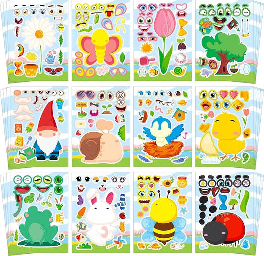 Aowplc Spring Make-a-Face Stickers for Kids 48 Sheets Mix 'n Match Cute Spring Crafts & Party Favors