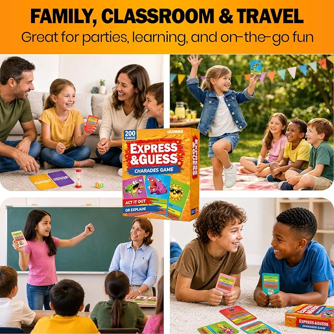 Charades Games for Kids 8-12 and Adults - Family Board Game for Kids 6-8 | 200 Acting and Explaining Cards with Timer - Express & Guess - Fun Card Games for Family Night and Travel