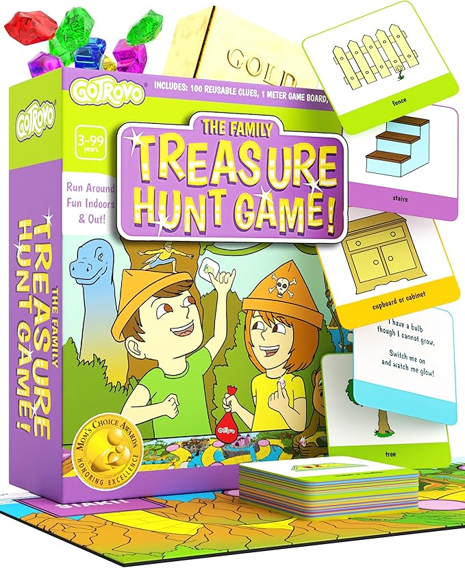 Gotrovo Indoor Scavenger Hunt Game for Kids Ages 4-8 - Complete Treasure Hunt Kit with Giant Board, Clue Cards, and Gold Bar - Active Indoor Board Game for Rainy Day Fun & Birthday Parties