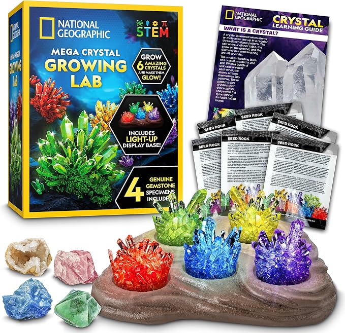 National Geographic Mega Crystal Growing Kit with 6 Crystals for Kids 8-12 | Glow-in-the-Dark Crystal, Light-Up Night Display, 5 Additional Colors, Real Crystal Specimens, Science Kit, Birthday Gift