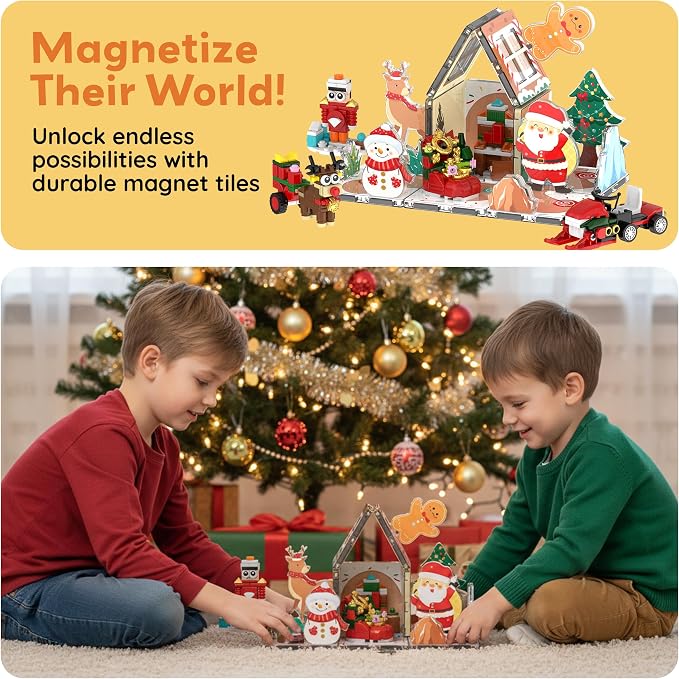 PicassoTiles Magnetic Tiles Building Brick Block Advent Calendar Christmas Theme Set Gingerbread House Holiday Toy Piece Surprise Countdown Magnet Tile STEM Learning Educational Gift for Kids PTA50