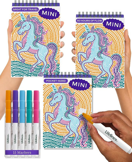 Lifelines FlowArt Mini Activity Pad, 3-Pack - Dot-by-Letter Coloring Books | 15 Double-Sided Markers & 60 Scenes - Guided Art Meditations for Tweens, Adults & Seniors - Dot-by-Letter - Patent-Pending