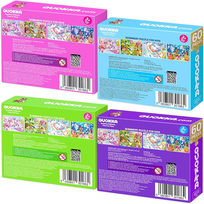 60 Piece Puzzles for Kids Ages 4-6 - 4 Glitter Toddler Puzzles Ages 3-5 | Unicorn, Princess and Animals Jigsaw Puzzles for Children Ages 6-8 - Gift Educational Game for Boys and Girls
