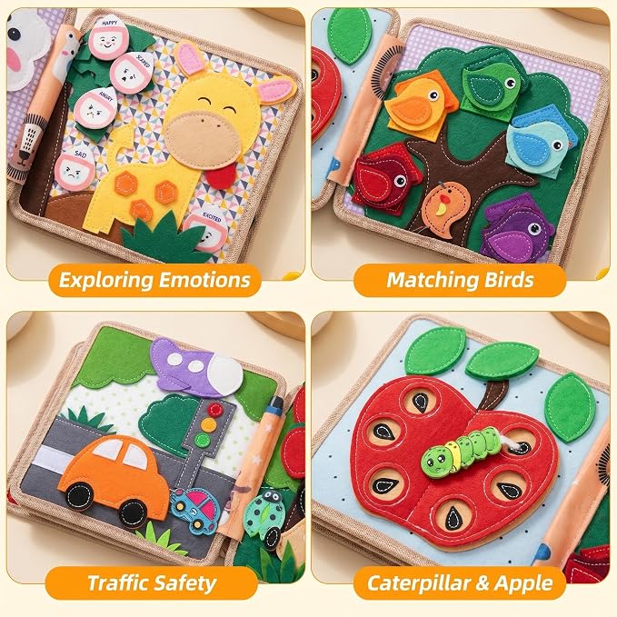 Giraffe Busy Book for Toddlers 3-5,Felt Quiet Book Sensory Learning Activity Books,Road Trip Toys for Toddlers Busy Board,Airplane Car Travel Toys, Gifts for Boys Girls 3