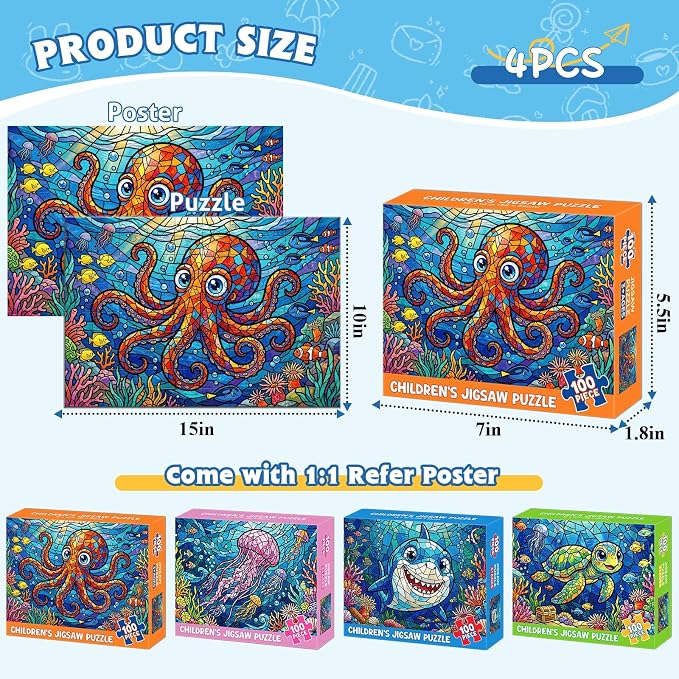 4-Pack 100 Piece Puzzles for Kids Ages 4-8 6-8 8-10, Shark Turtle Kids Puzzles Ages 4-6 5-8 8-10, Octopus Jellyfish Stained Glass Ocean Animal Puzzle 100 Pieces, Kids Jigsaw Puzzles Toys Gifts 15"x10"