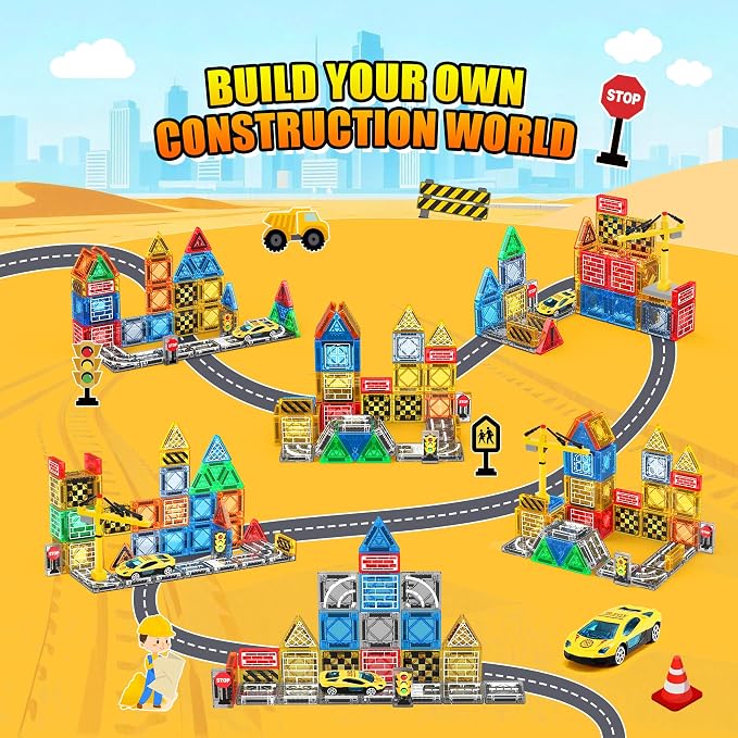 Magnetic Tiles - Construction Toys, Road Set Outdoor Travel Toys with Magnetic Crane & Car for Boys Age 3-5 4-8 8-10, Mini Magnet Building Blocks with Crane, Road, Traffic Lights, STEM Sensory Gifts