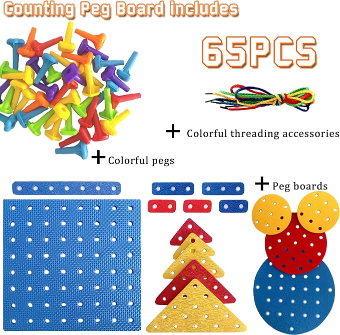 Counting Peg Board for Kids - Toddler Stacking Toys - 65 Pcs DIY Building Set Large Foam Board & Occupational Therapy Toys, Color Sorting & Lacing Toy , Montessori Tools, Peg Puzzles for Toddlers 3