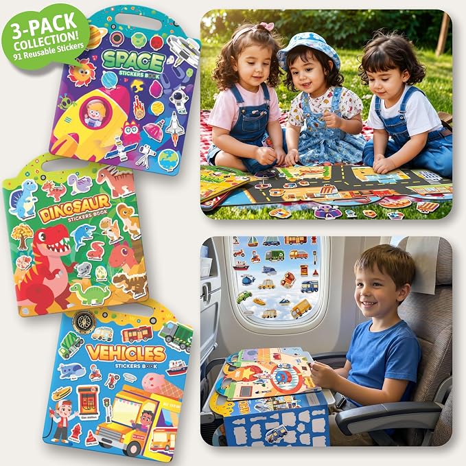 Premium Reusable Jelly Sticker Book Set for Toddlers & Kids – Dinosaur, Space & Vehicles 3-Pack Collection | Washable Silicone Stickers | Screen-Free Travel Activity | Mess-Free Toy