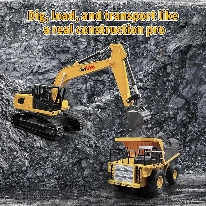 Joylike RC Excavator and Dump Truck Toy Set，2.4Ghz Metal Remote Control Construction Vehicle with Light&Sound, Best Christmas Toy for Boys 8+Year Old Kid | 2.4Ghz Metal Remote Control Construction Vehicle with Light&Sound, Best Toy for Boys 8+Year Old Kid