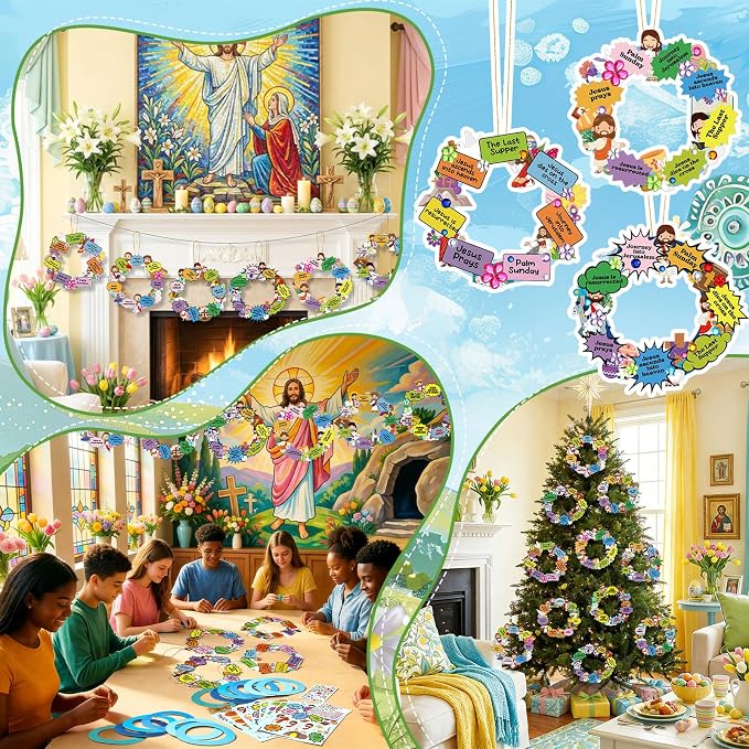 Hollowfly 48 Sets Christian Easter Wreath Craft Kit for Sunday School | 8 Jesus-Themed Designs with Cross, Donkey and Empty Tomb, Bible Stickers for Church and VBS Activities
