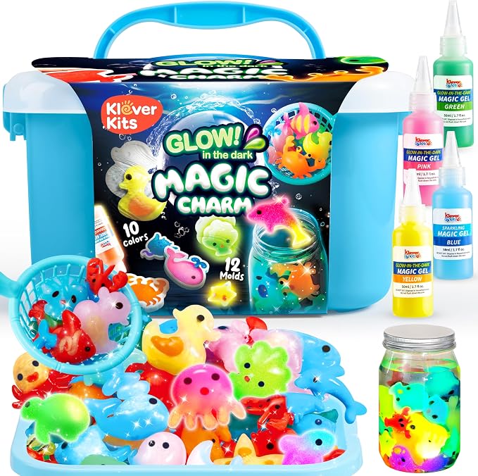 Klever Kits Glow-in-The-Dark Water Gel Kit, Magic Fairy Water Pets Toy Kit with 10 Gels(7 Glow-in-The-Dark Gels), 12 Molds, Preserving Bottle, DIY Squishy Maker Craft Kits, Arts and Crafts for Kids