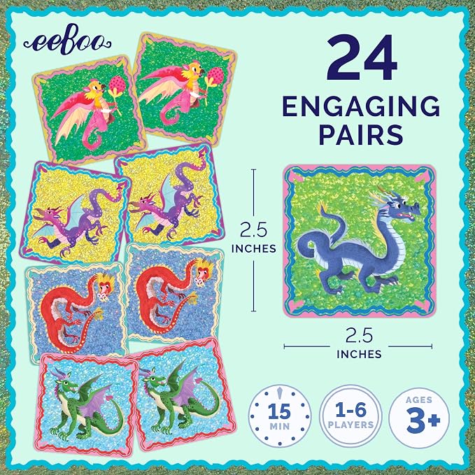eeBoo Shiny Dragons Memory & Matching Game, Ages 3+, 1-4 Players | Introduces mythical dragons. Sharpens recognition, concentration & memory skills. Includes 48 foil tiles, 24 pairs