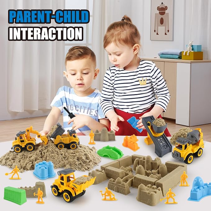 YIDESTARS Sensory Bin with Lid – 4 Take-Apart Trucks & 3lb Sand | Ages 3-6, 8 castle molds, 6 figures, fine motor skills, storage bin, gift for kids, indoor outdoor play