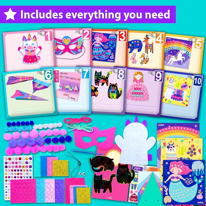 KRAFUN Craft Workshop Kit Ages 3-5 |10 Envelopes, Unicorn & Mermaid | 10 envelope projects: Unicorn, Mermaid, Princess & Llama crafts. Creative educational activities for toddler girls