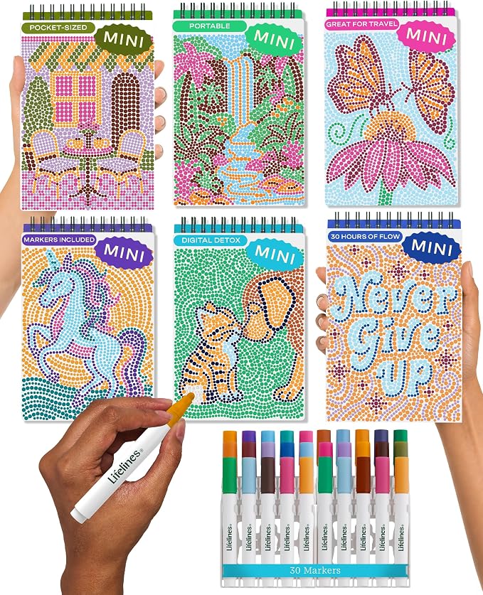 Lifelines FlowArt Mini Activity Pads, 6-Pack, Dot-by-Letter Coloring Books | 30 Markers & 120 Scenes - Guided Art Meditations for Tweens, Adults & Seniors - Dot-by-Letter - Patent-Pending