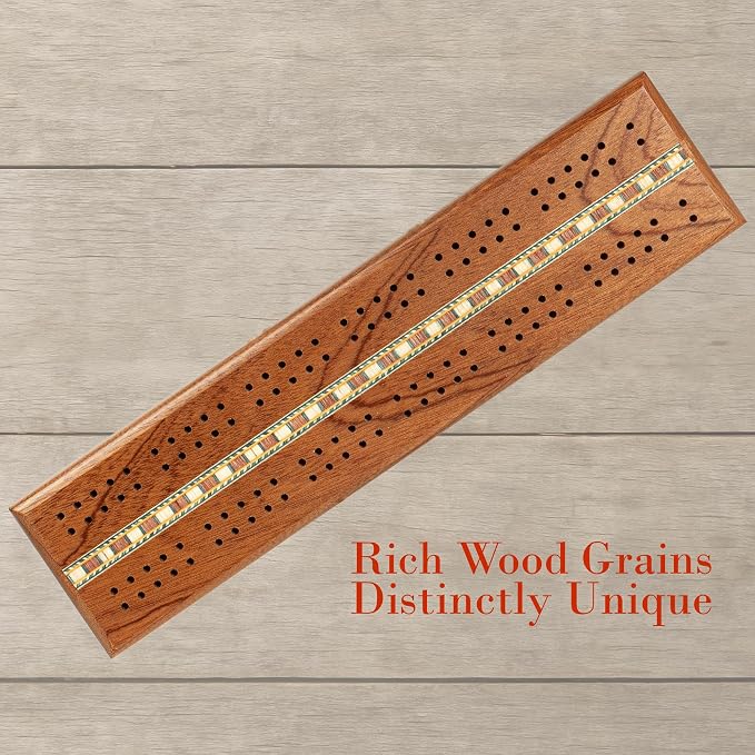 Sterling Games Wooden Cribbage 12 inch Double Track Cribbage Board with Rich Italian Inlaid for 2 Players Playing Cards Included