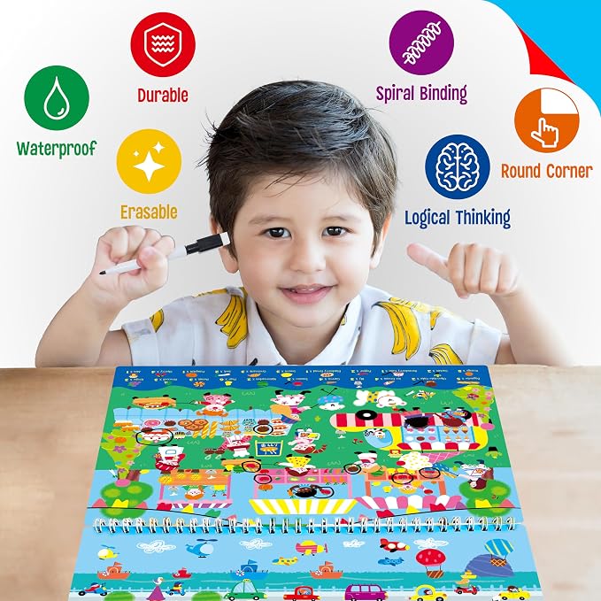30 Dry Erase Activities Book, Reusable & Erasable Game Pad, Explore and Find Games Montessori Learning Tool Educational Autism Sensory Toys for Kids, Road Trip, Airplane, Travel (Markers Included)