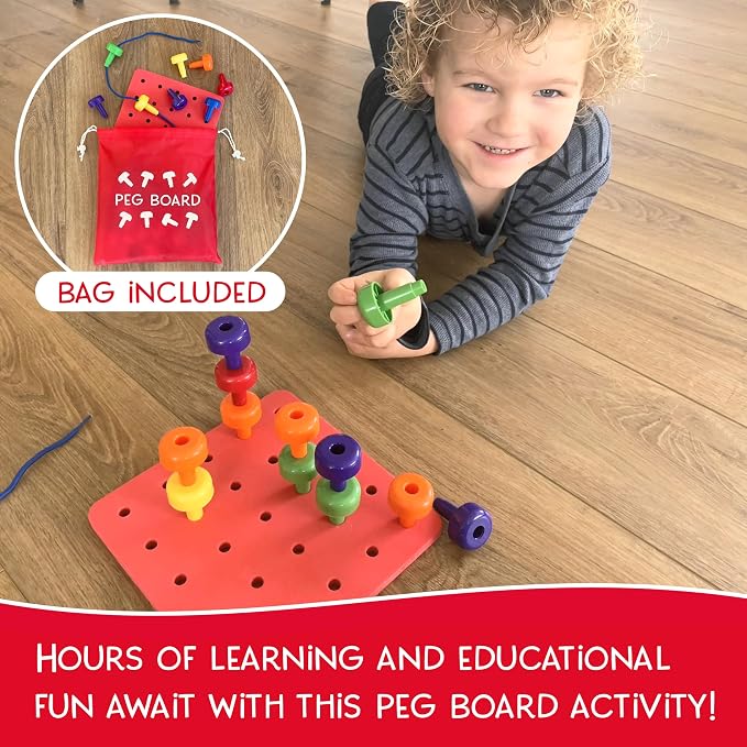Blu Jay Foam Peg Board Toy - 36 Pegs, Foam Board, Lacing String, Storage Bag - Occupational Therapy Toys - Fine Motor Skills Toys for Toddlers and Kids (Red)