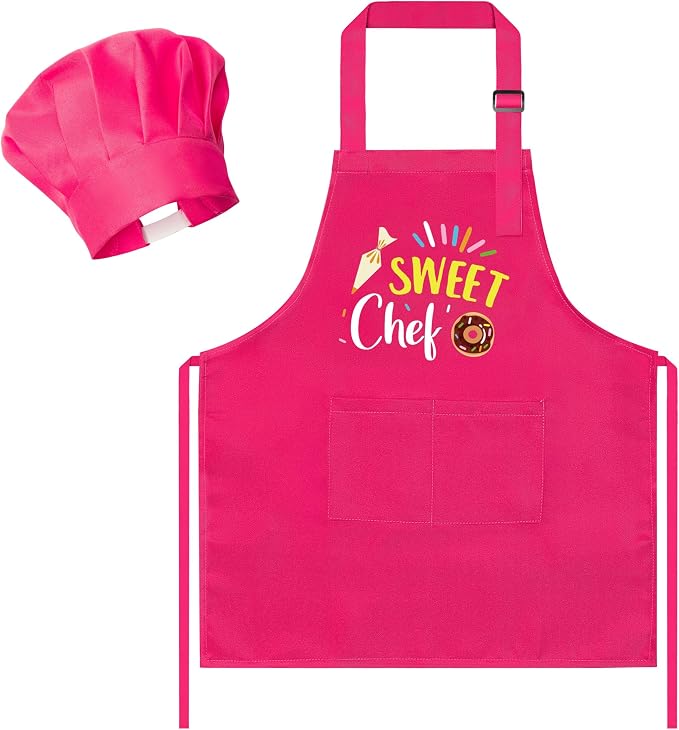 R HORSE 2 Pieces Kid Apron and Chef Hat Set, Dress up Pretend Play Toy | Rose Red Sweet Chef Adjustable Children Kitchen Apron for Girl, Ideal for Cooking, Baking, Painting, Cooking Birthday Gift