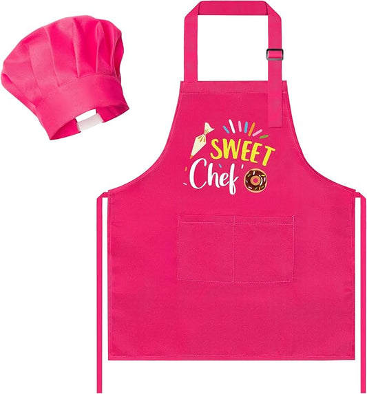 R HORSE 2 Pieces Kid Apron and Chef Hat Set, Dress up Pretend Play Toy | Rose Red Sweet Chef Adjustable Children Kitchen Apron for Girl, Ideal for Cooking, Baking, Painting, Cooking Birthday Gift