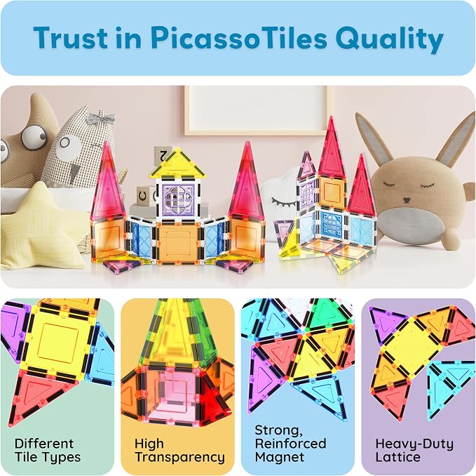 PicassoTiles Magnetic Tiles Magnet Toys Building Blocks Construction Set with 110+ Pages IdeaBook STEM Learning Playset Toddlers Educational Fun Play Kids Boys Girls Sensory Toys Ages 3+ PT03