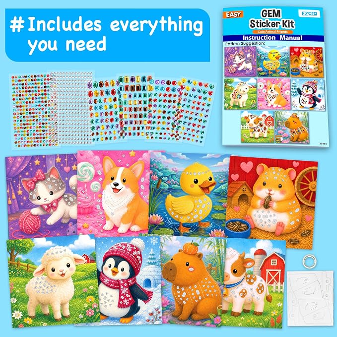 EZCRA Gem Sticker Kit for Kids - 800 Stickers, 8 Cute Animal Theme | Diamond Art Stickers and Gem Craft Set. Mess-Free and DIY Arts and Crafts. Birthday and Holiday Gift for Girls Ages 3-8.