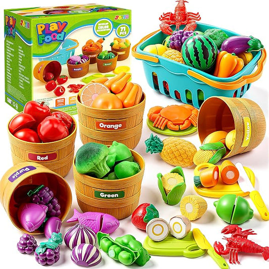 JOYIN Learning Toys Play Food Set for Kids, Cutting Food for Preschool Activities, Play Kitchen Accessories, Educational Toys, Color Sorting Set for Boys & Girls, Back to School Gifts for Kids