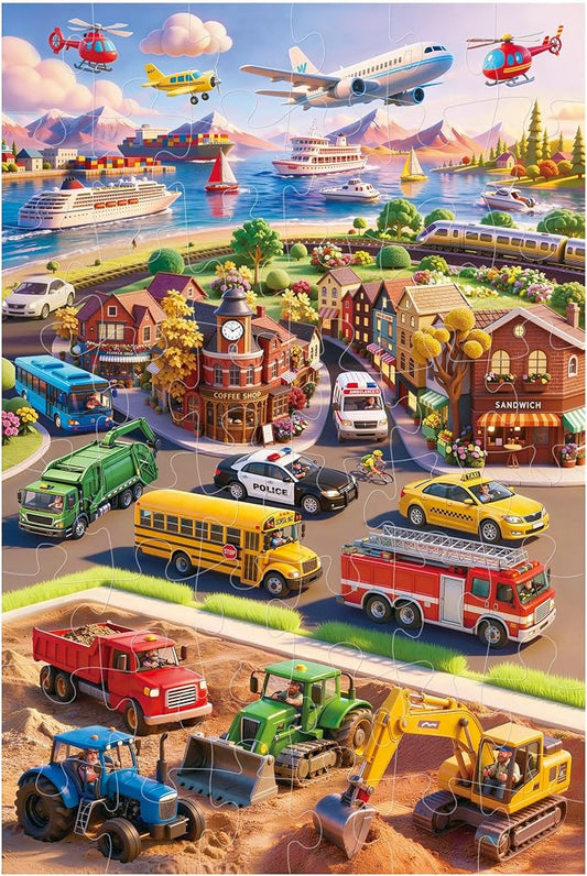 BenBen Floor Puzzles for Kids Ages 4–6, 2 x 3 Feet Transportation Puzzle | Extra-Thick 48 Large Pieces Vehicle-Themed Jigsaw Puzzle for Toddlers 3-5, Preschool Educational Toy Gift for Boys Girls