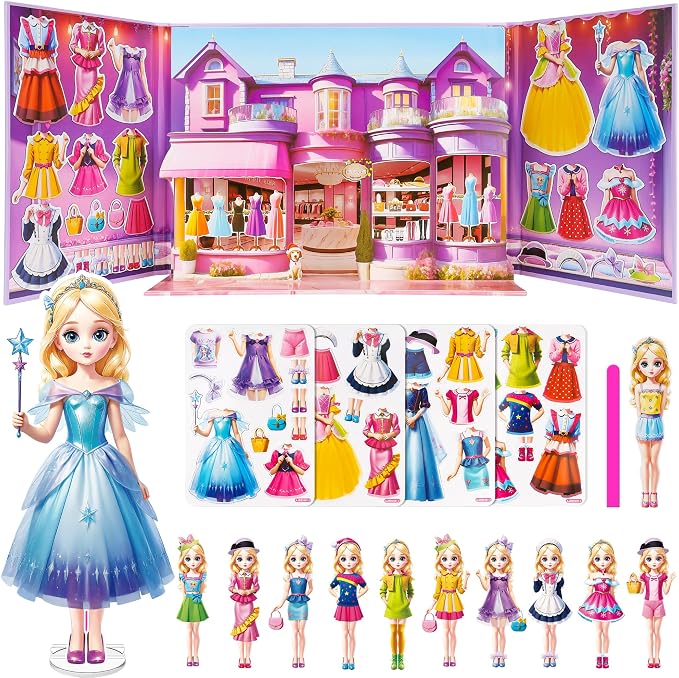 Magnetic Dress Up Dolls for Girls - Princess Magnet Paper Dolls Book with 3D City Buildings - Travel Car Trip Quiet Book Game Toys Easter Birthday Gifts for Kids Toddlers Ages 3 4 5 6 7(Style A)