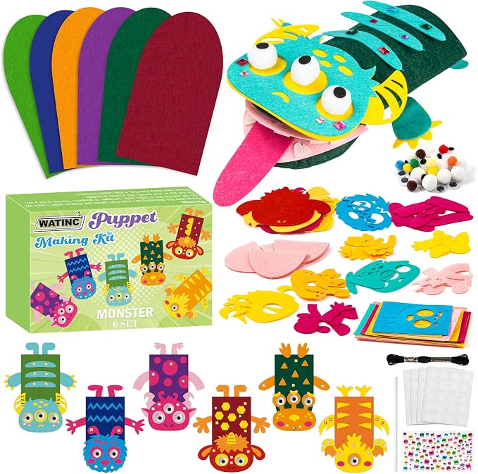 WATINC Hand Puppet Making Kit, Felt Sock Puppet Toys for Kids (Monster A) | 6 Styles, Make Your Own Storytelling & Role Play Crafts, Creative Group Activity, Party Favors & Gifts for Kids Ages 4-8
