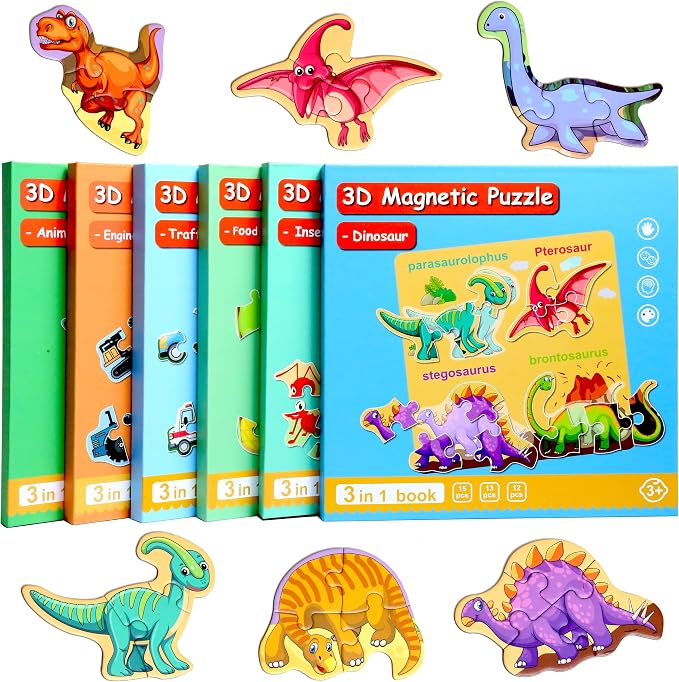 Magnetic Puzzles for Kids Ages 3-5, Travel Toddler Dinosaur Puzzle Toy | Refrigerator Magnet Game for Ages 4-6, Learning & Birthday Gift for Boys, Car & Airplane Road Trip Quiet-Time Activity Toys