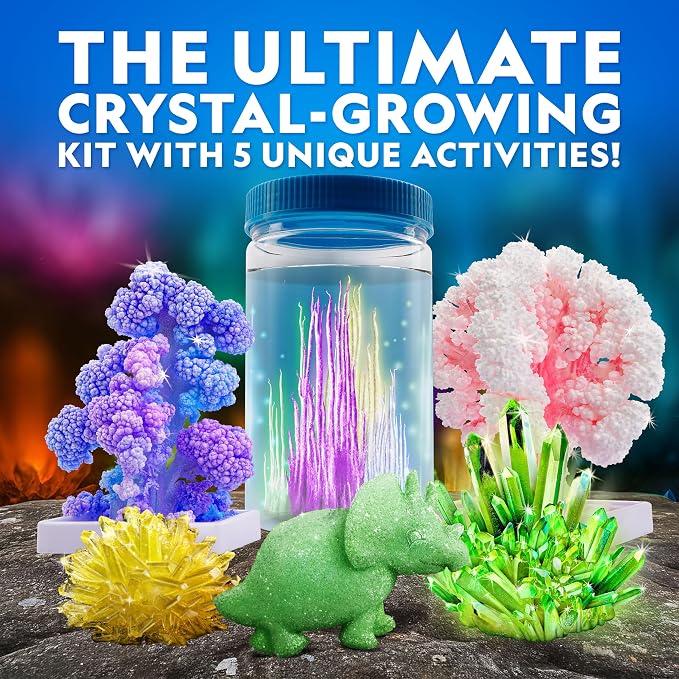 National Geographic Crystal Growing Kit with 5 Unique Activities | Glow-in-the-Dark Crystal, Underwater Crystals, Crystal Trees and Dinosaur Figure, STEM Science Activity, Birthday Gift