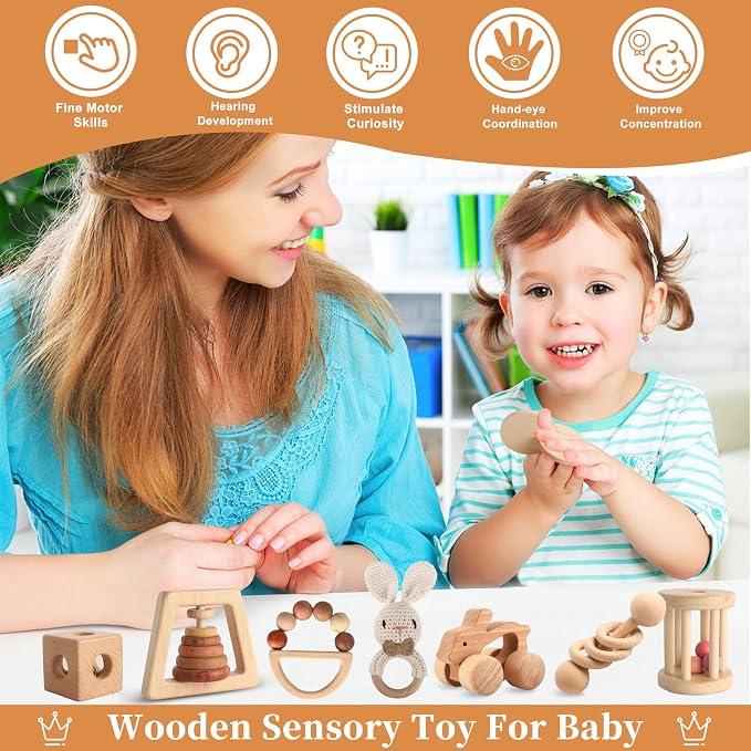 Wooden Toys for Babies, 7PCS Wooden Baby Rattle for 7-24 Months Boys Girls, Natural Wood Montessori Toys Set with Crochet Rabbit Rattle for Infant Grasping, Gift for Baby