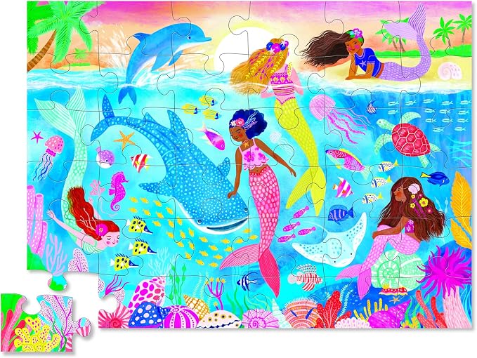 Crocodile Creek 36-Piece Jigsaw Floor Puzzle - Fun Floor Puzzles for Kids Ages 3-5 - Heavy-Duty Shaped Box for Storage - Mermaid Dreams - 24" W x 18" H Finished
