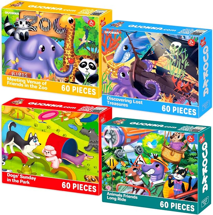 60 Piece Puzzles for Kids Ages 4-6 - 4 Jigsaw Toddlers Puzzles Ages 3-5 | Zoo, Dogs, Animals Puzzles for Children Ages 6-8 - Educational Gift Game for Boys and Girls