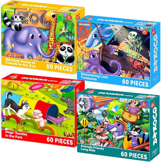 60 Piece Puzzles for Kids Ages 4-6 - 4 Jigsaw Toddlers Puzzles Ages 3-5 | Zoo, Dogs, Animals Puzzles for Children Ages 6-8 - Educational Gift Game for Boys and Girls
