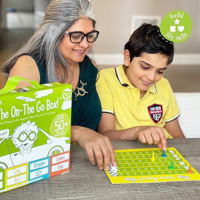 On The Go Box, Road Trip Travel Games Activity Box, Includes Card Games, Craft Kits, and Other 50+ Travel Activities for Kids and Family Ages 4+