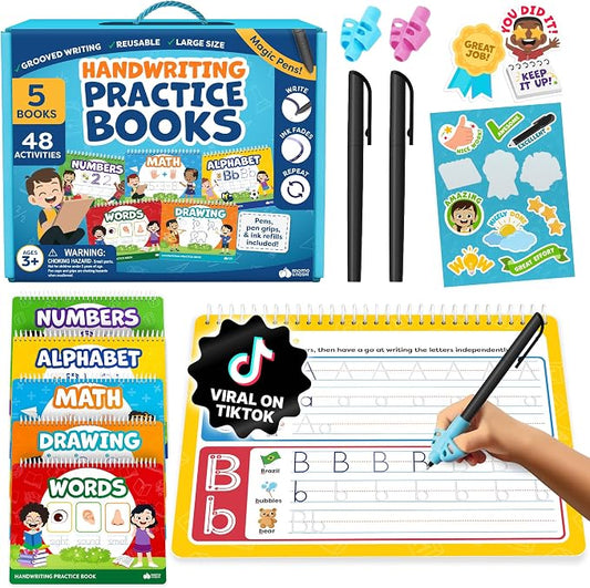 Magic Grooved Writing Practice Books & Kindergarten Workbooks Ages 3-7 | Reusable Handwriting Copybook Set with Disappearing Magic Ink Pens for Preschool Learning